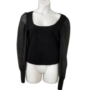 By Anthropologie sweater Top ribbed Sheer sleeves Square Neck women’s XL Black